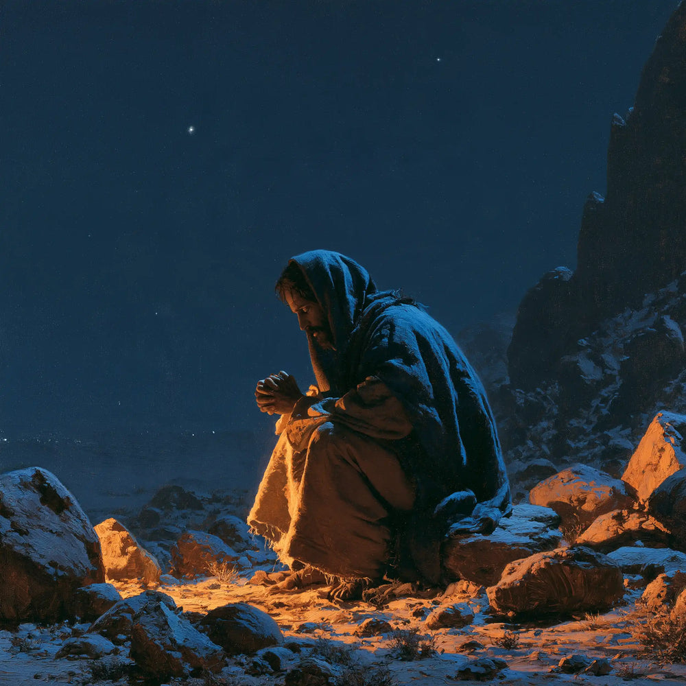 Jesus in the desert during the temptation in Midnight Blue Chiaroscuro style, square Christian artwork no. 4