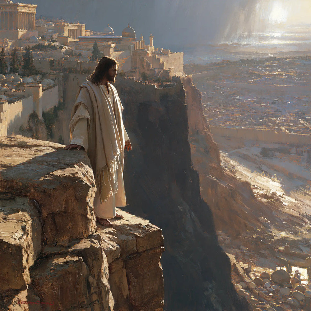 Jesus during the temptation at the pinnacle of the temple in The Pinnacle of the Temple style, square Christian artwork no. 1