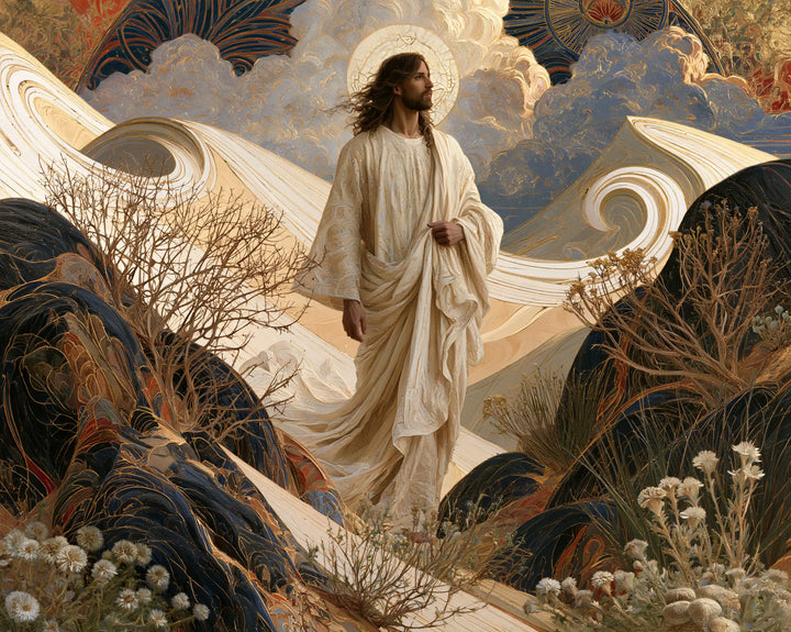 Jesus in the Desert — White Linen within the Shelter of Black Rocks