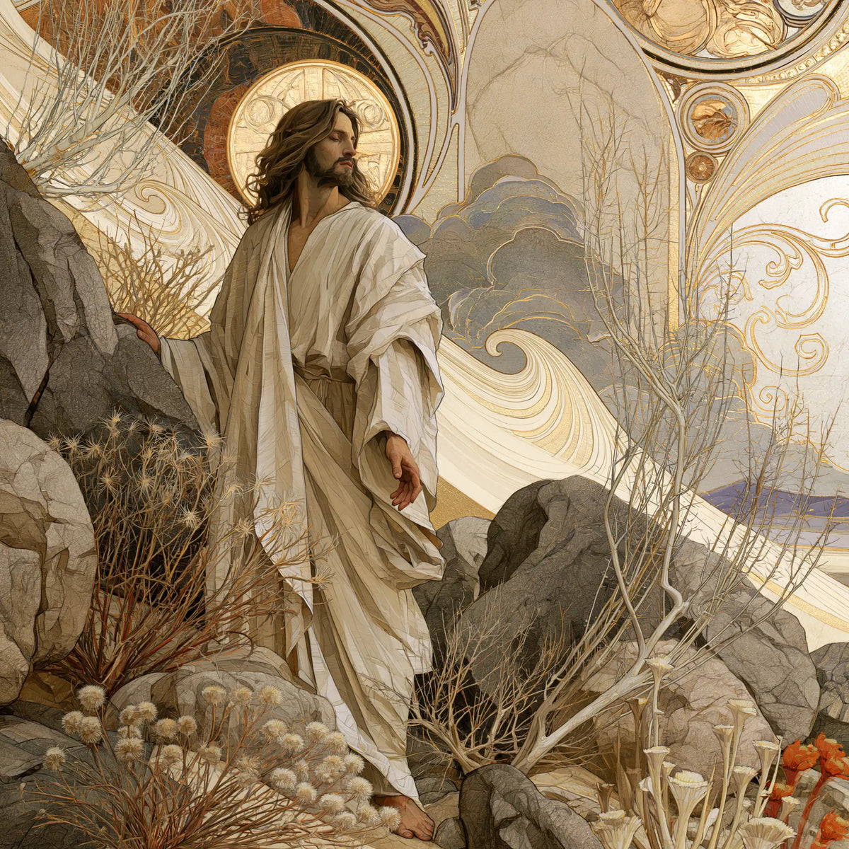 Jesus in the desert during the temptation in Sacred Art Nouveau style, square Christian artwork no. 1