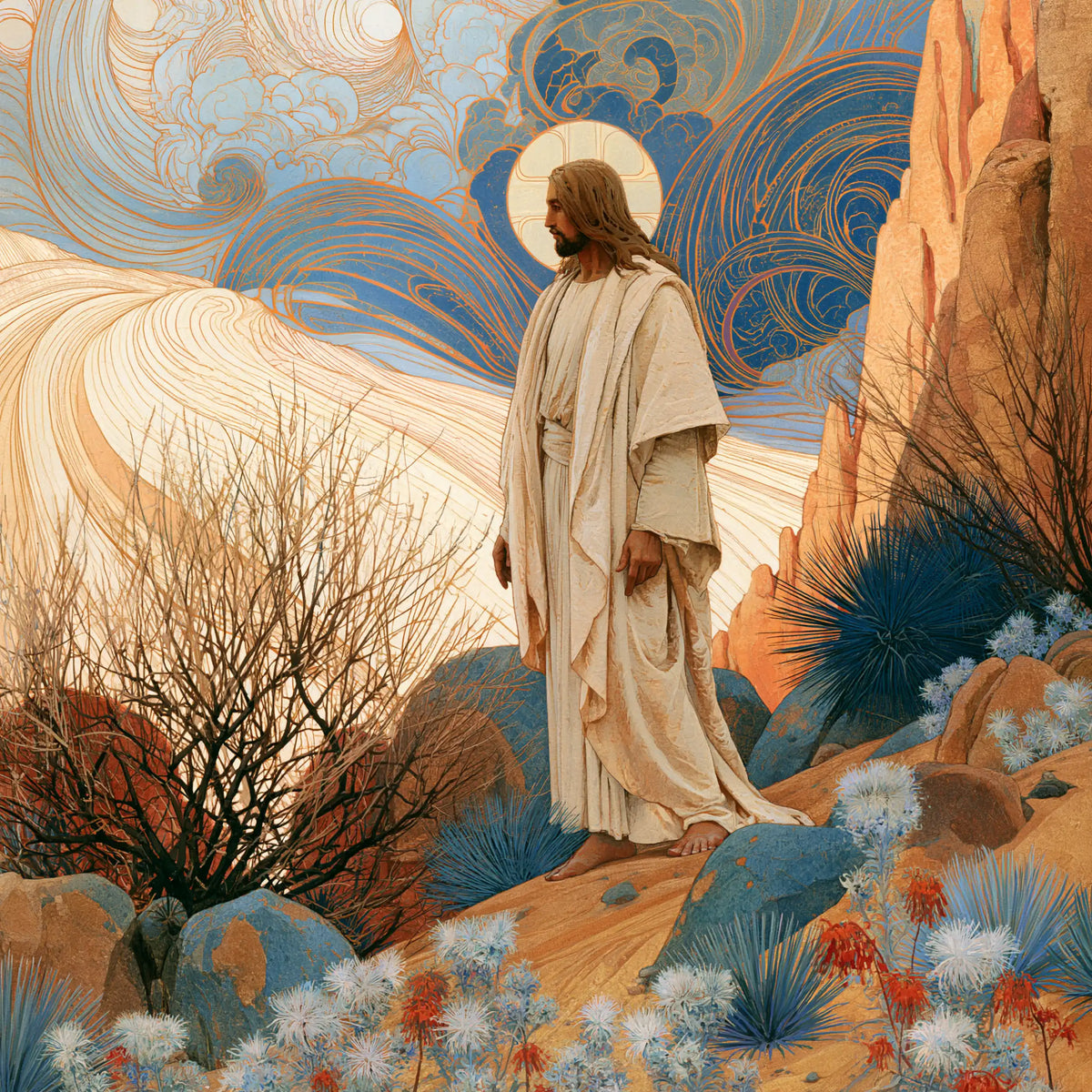Jesus in the desert during the temptation in Sacred Art Nouveau style, square Christian artwork no. 2