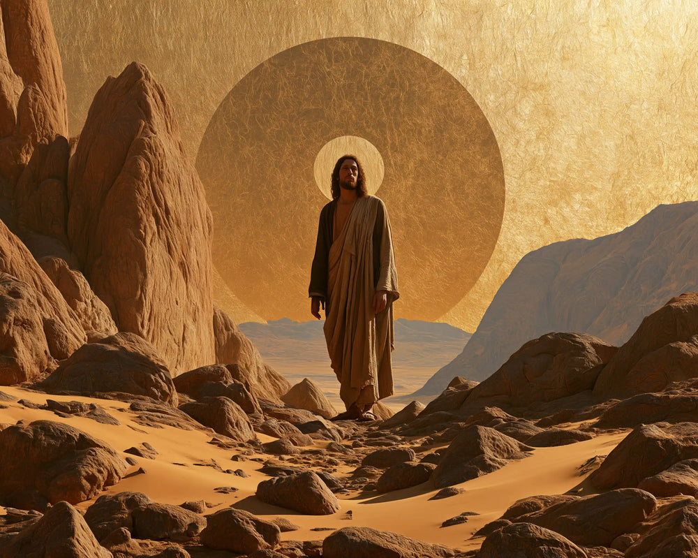 Jesus in the desert during the temptation in Sacred Gold style, landscape Christian artwork no. 2