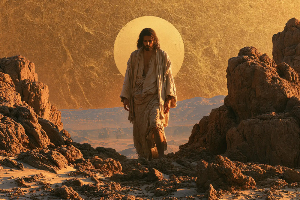 Jesus in the desert during the temptation in Sacred Gold style, landscape Christian artwork no. 4