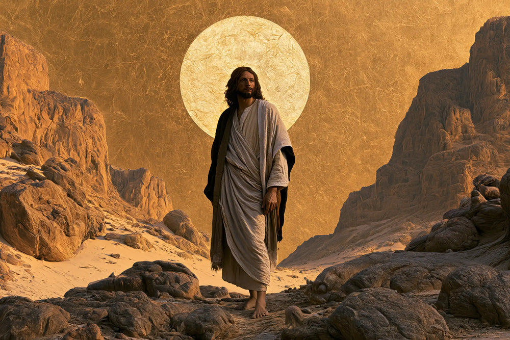 Jesus in the desert during the temptation in Sacred Gold style, landscape Christian artwork no. 5
