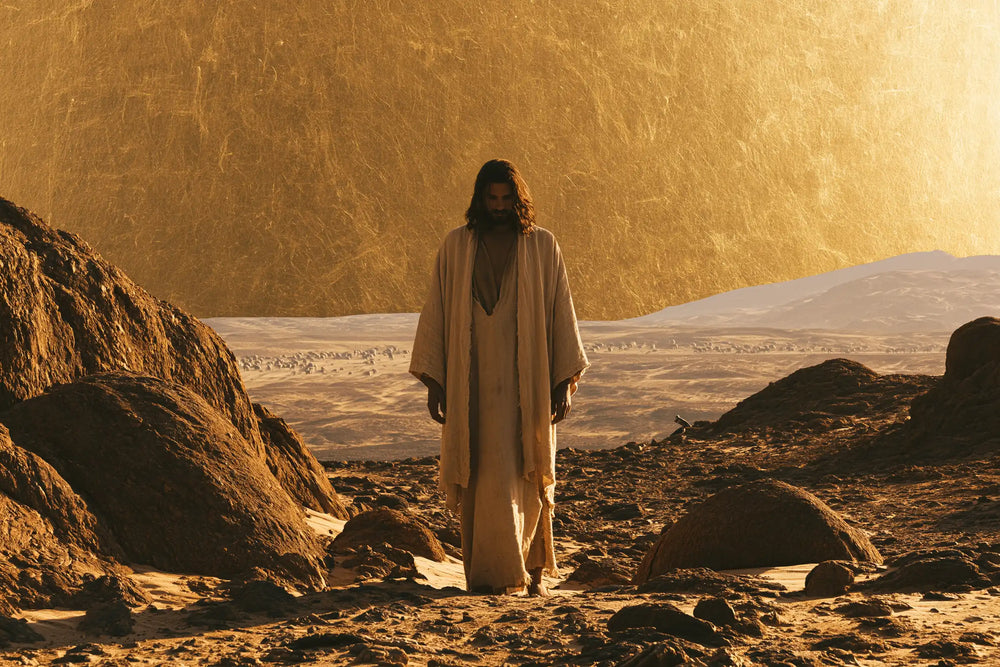 Jesus in the desert during the temptation in Sacred Gold style, landscape Christian artwork no. 6