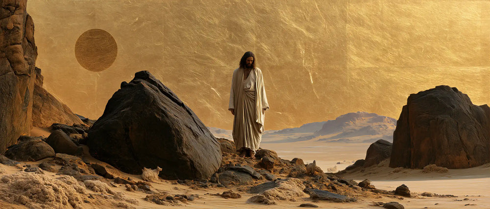 Jesus in the desert during the temptation in Sacred Gold style, landscape Christian artwork no. 17