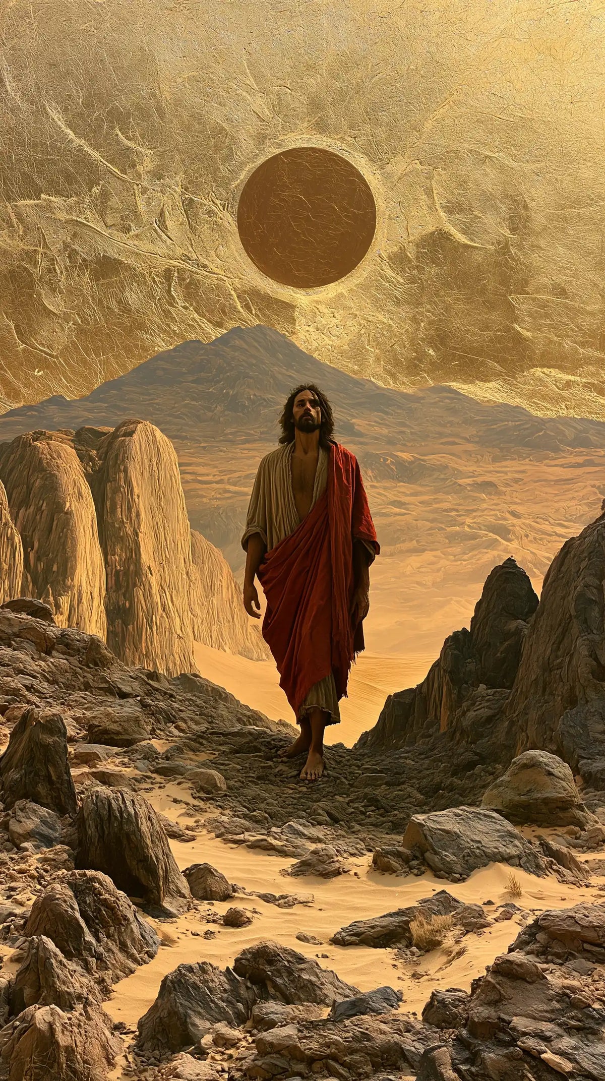 Jesus in the Desert — The Red Cloak beneath the Veiled Sun