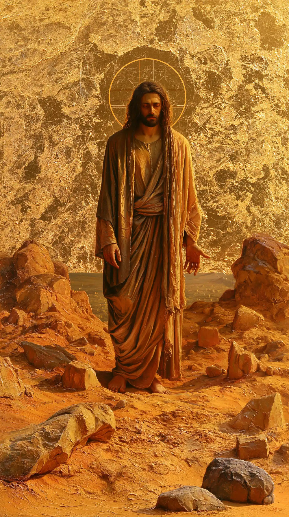 Jesus in the desert during the temptation in Sacred Gold style, portrait Christian artwork no. 5