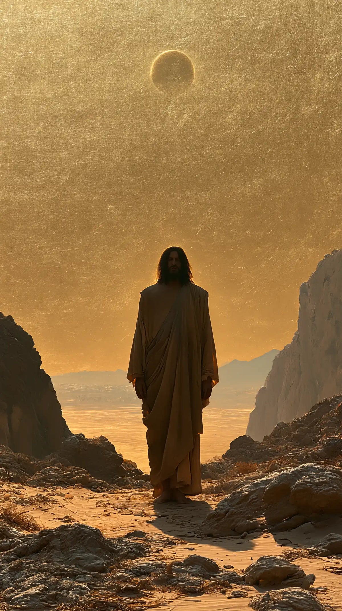 Jesus in the Desert — Walking beneath the Darkened Orb