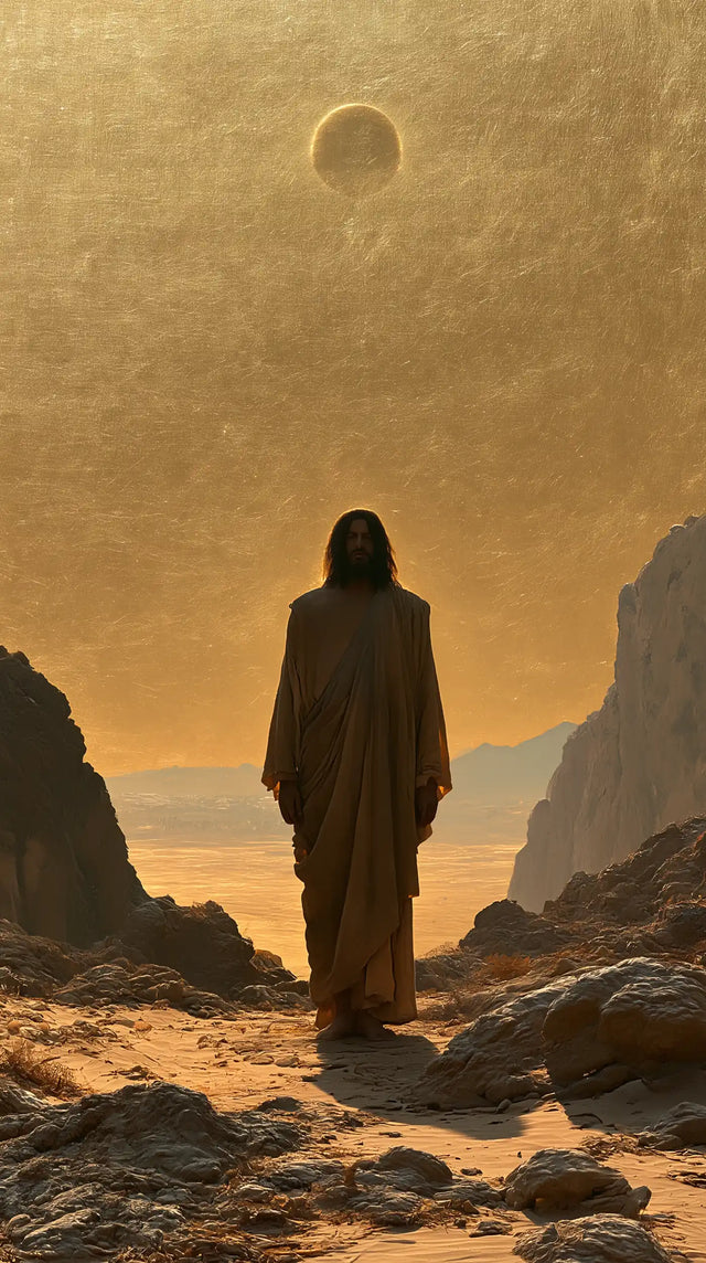 Jesus in the Desert — Walking beneath the Darkened Orb