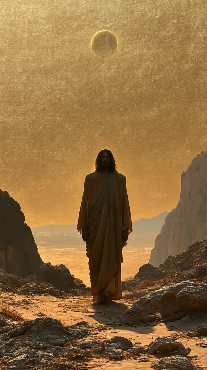 Jesus in the Desert — Walking beneath the Darkened Orb