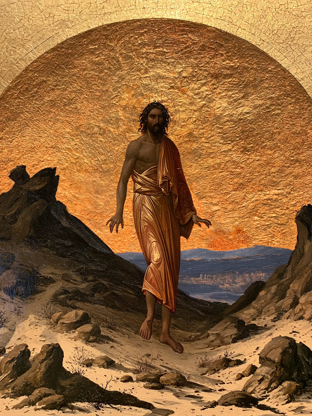 Jesus in the desert during the temptation in Sacred Gold style, portrait Christian artwork no. 24