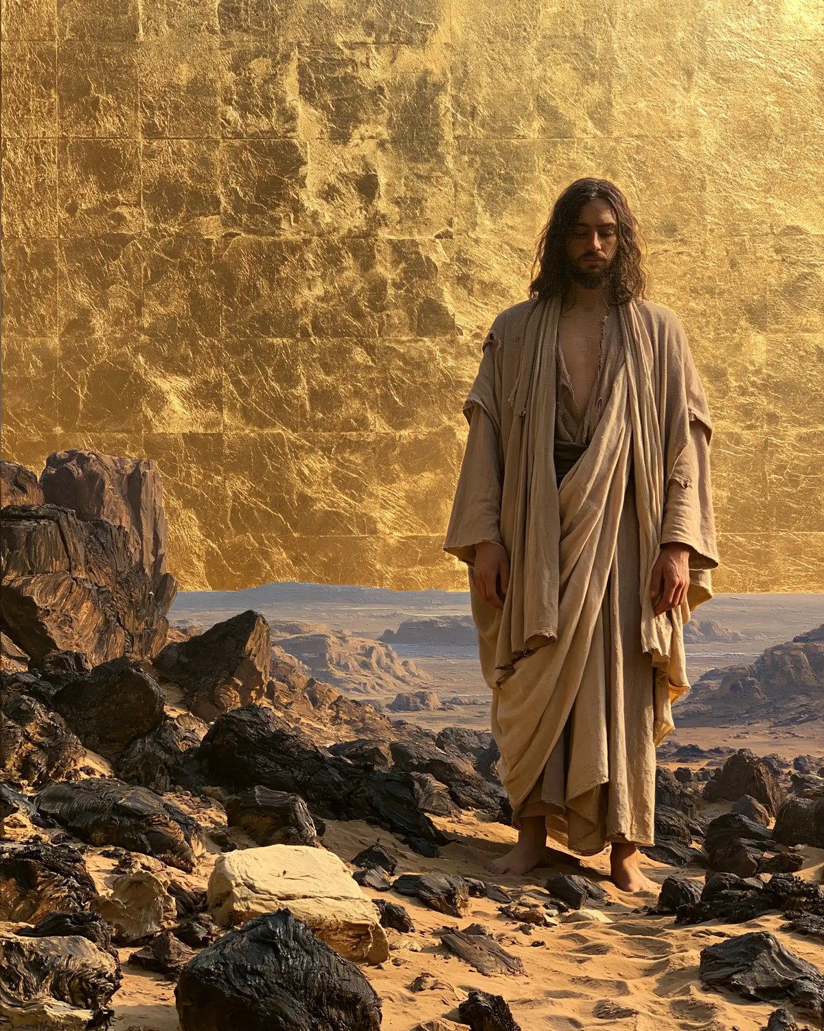 Jesus in the Desert — Beige Linen before Engraved Gold