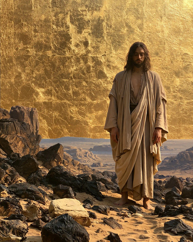 Jesus in the Desert — Beige Linen before Engraved Gold