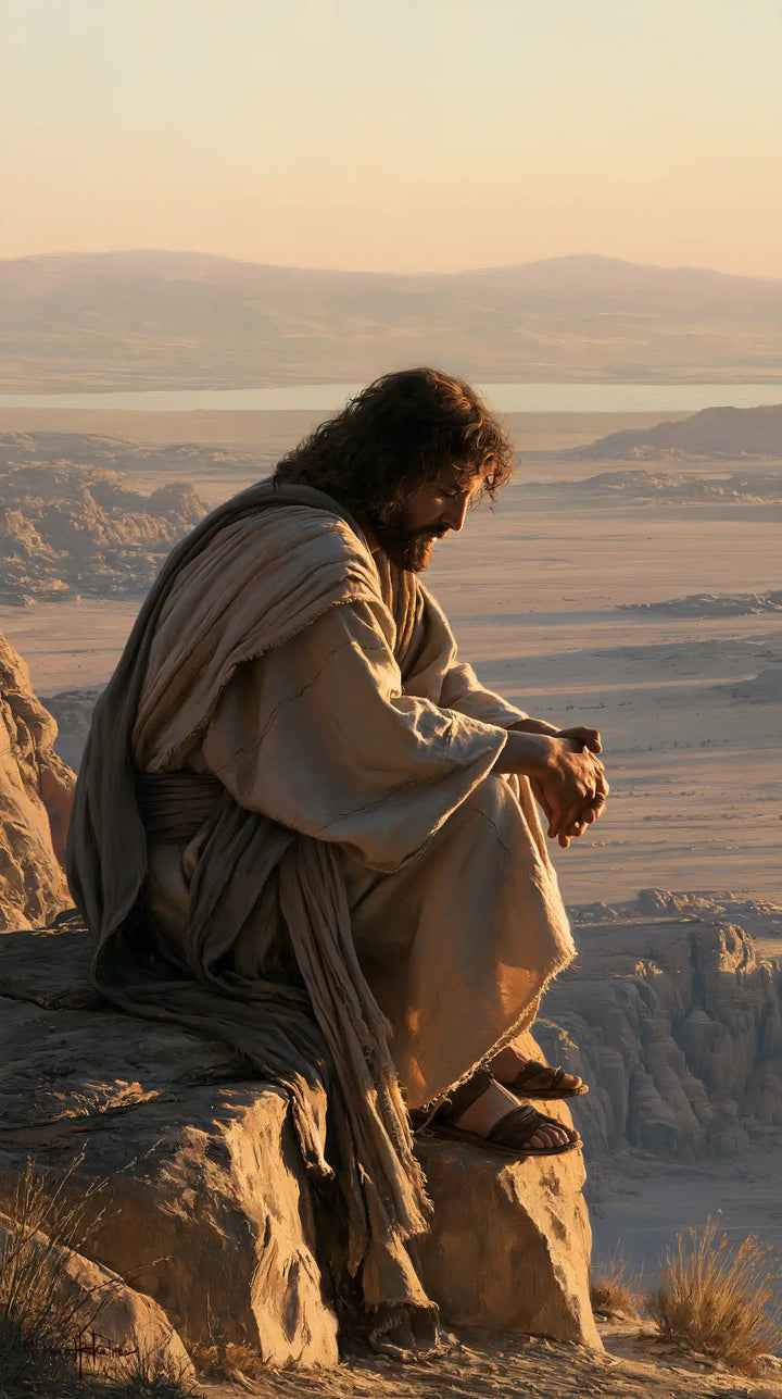 Jesus in the Desert — A Pause above the Layered Valleys