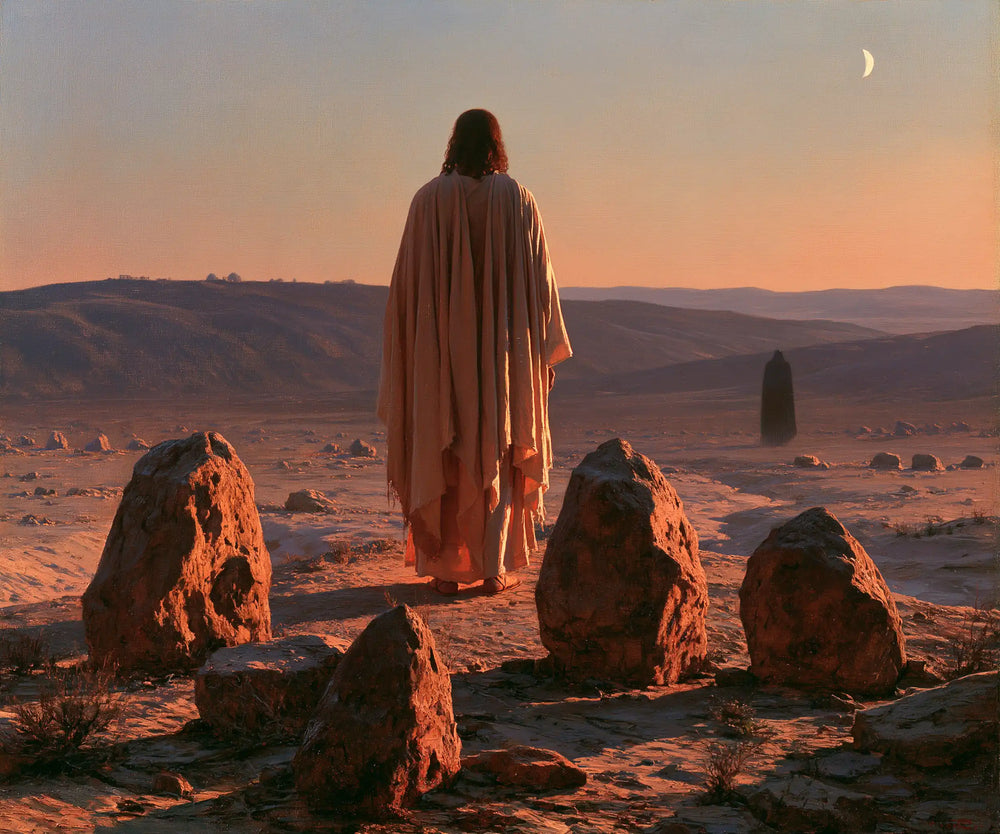 Jesus facing the temptation to turn stones into bread in The Stones of Temptation style, landscape Christian artwork no. 2