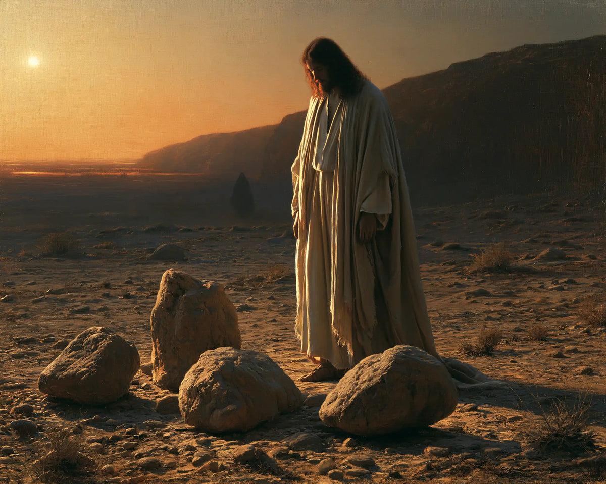 Jesus facing the temptation to turn stones into bread in The Stones of Temptation style, landscape Christian artwork no. 6