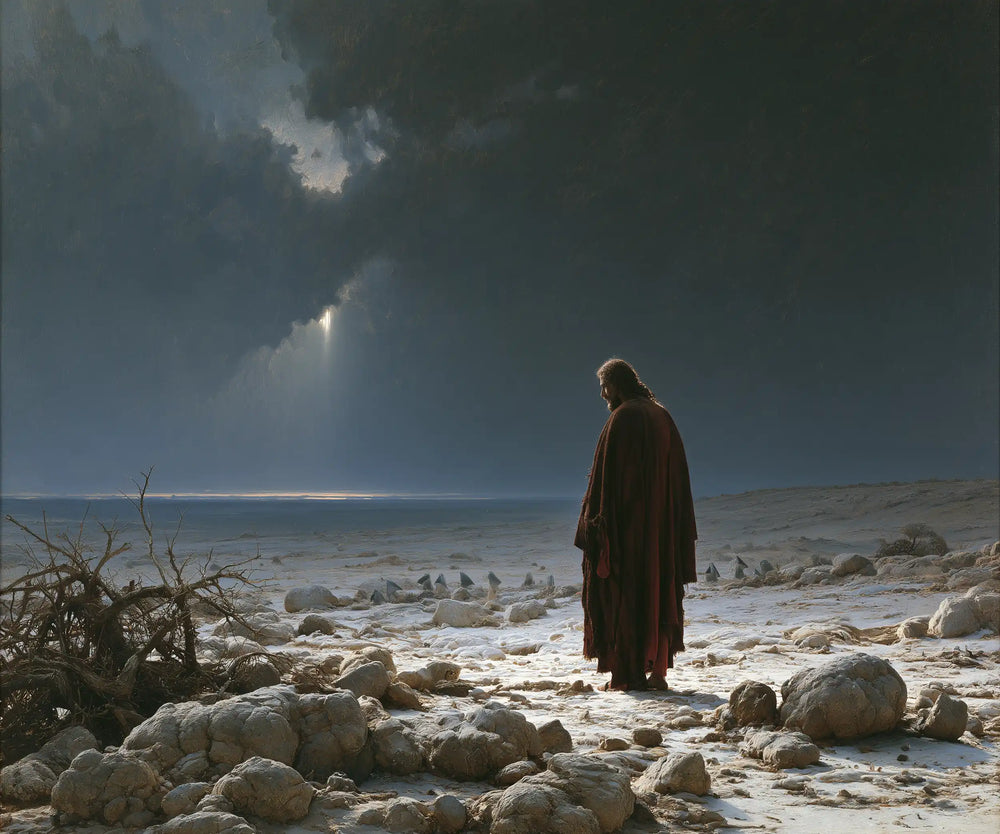 Jesus in the desert during the temptation in Symbolist style, landscape Christian artwork no. 4