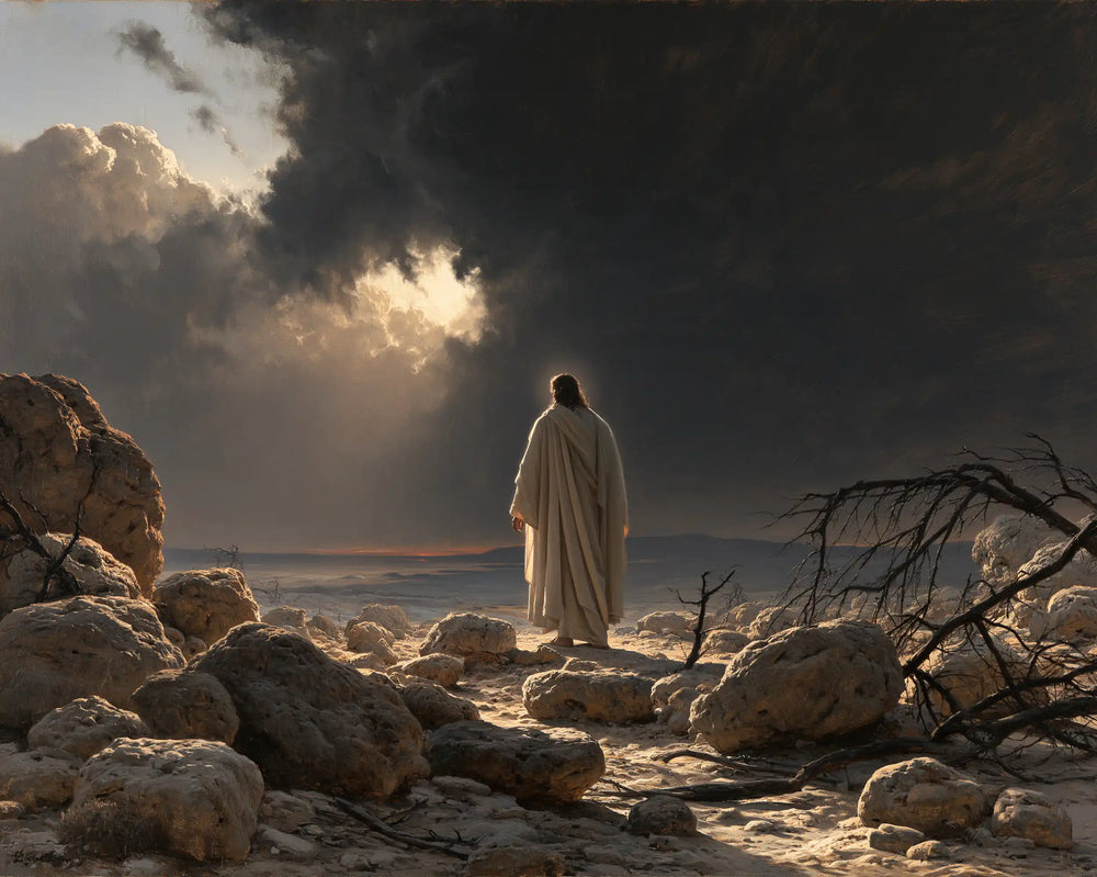 Jesus in the desert during the temptation in Symbolist style, landscape Christian artwork no. 6