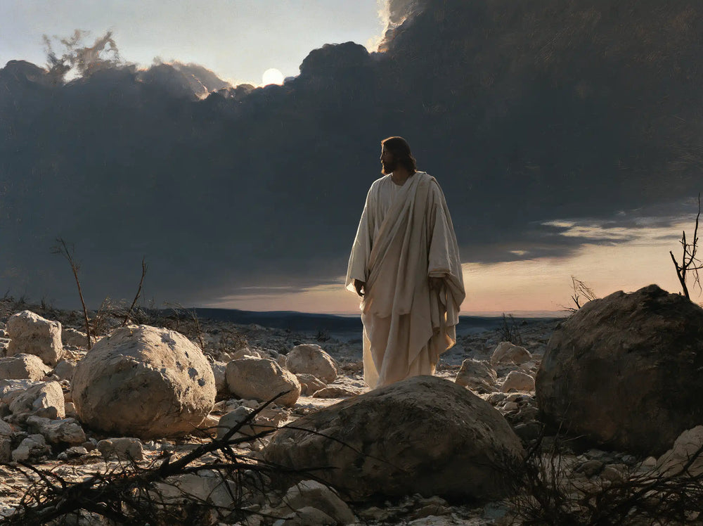 Jesus in the desert during the temptation in Symbolist style, landscape Christian artwork no. 9
