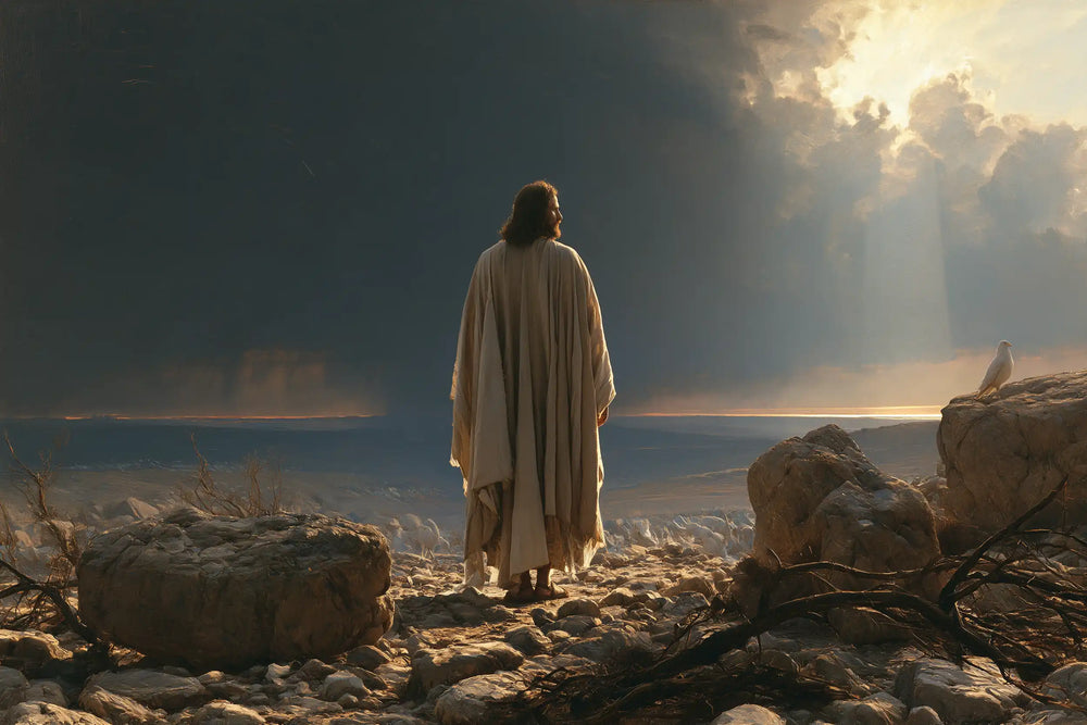Jesus in the desert during the temptation in Symbolist style, landscape Christian artwork no. 14
