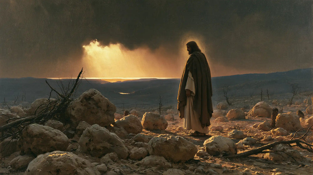 Jesus in the desert during the temptation in Symbolist style, landscape Christian artwork no. 20