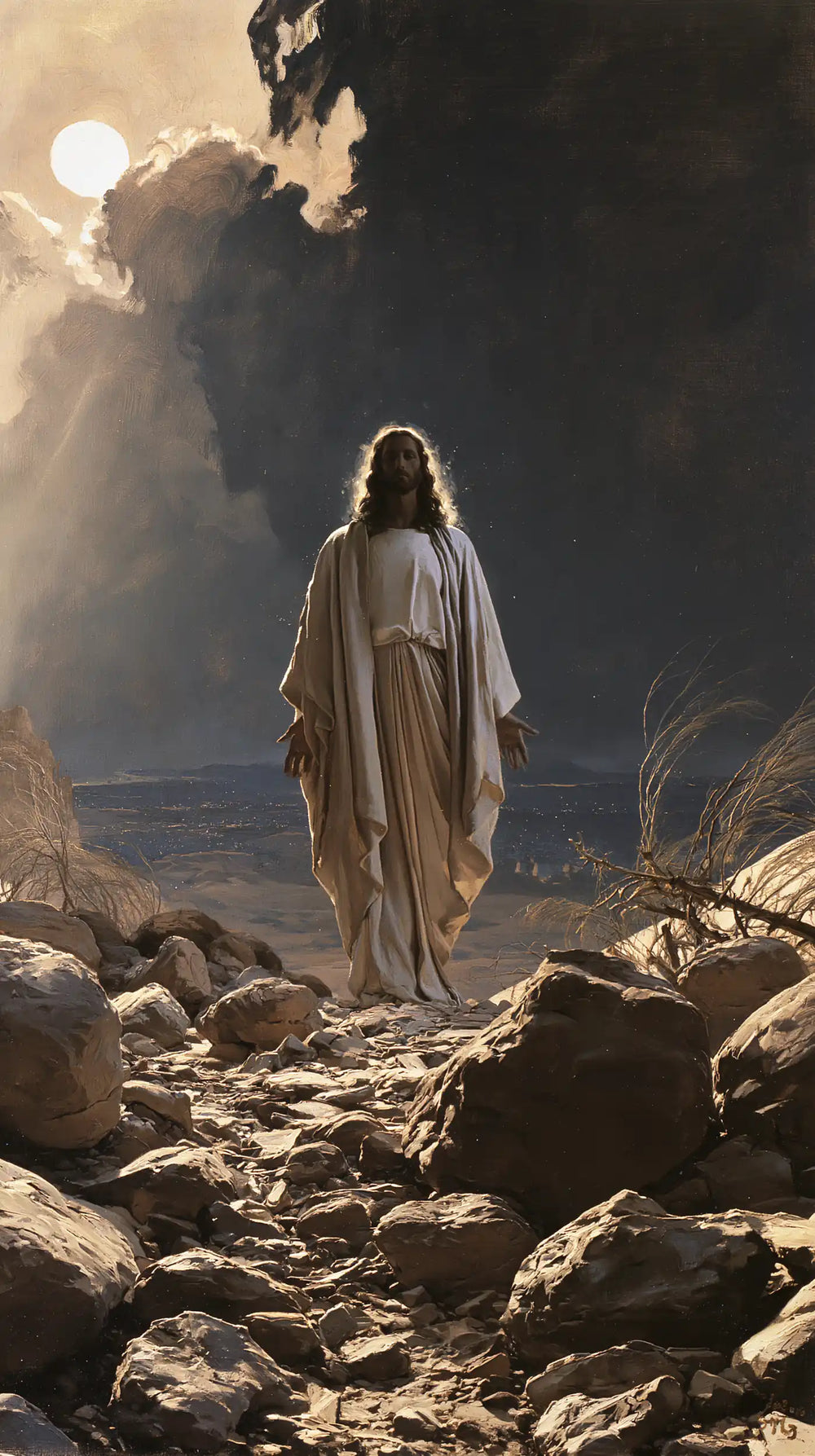 Jesus in the desert during the temptation in Symbolist style, portrait Christian artwork no. 1