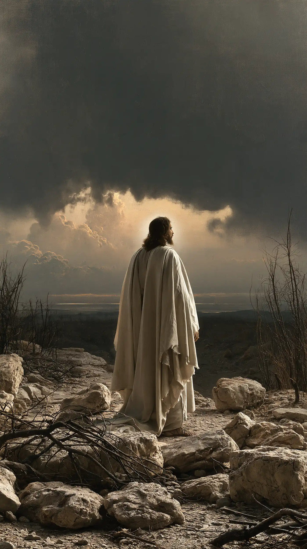 Jesus in the desert during the temptation in Symbolist style, portrait Christian artwork no. 2