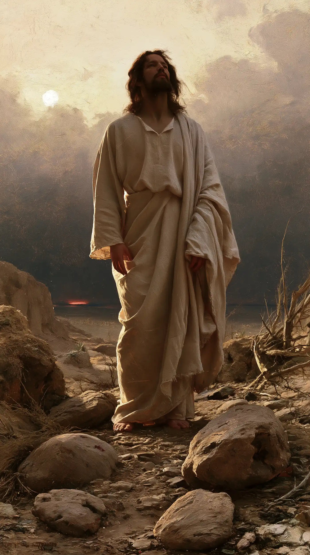 Jesus in the desert during the temptation in Symbolist style, portrait Christian artwork no. 13