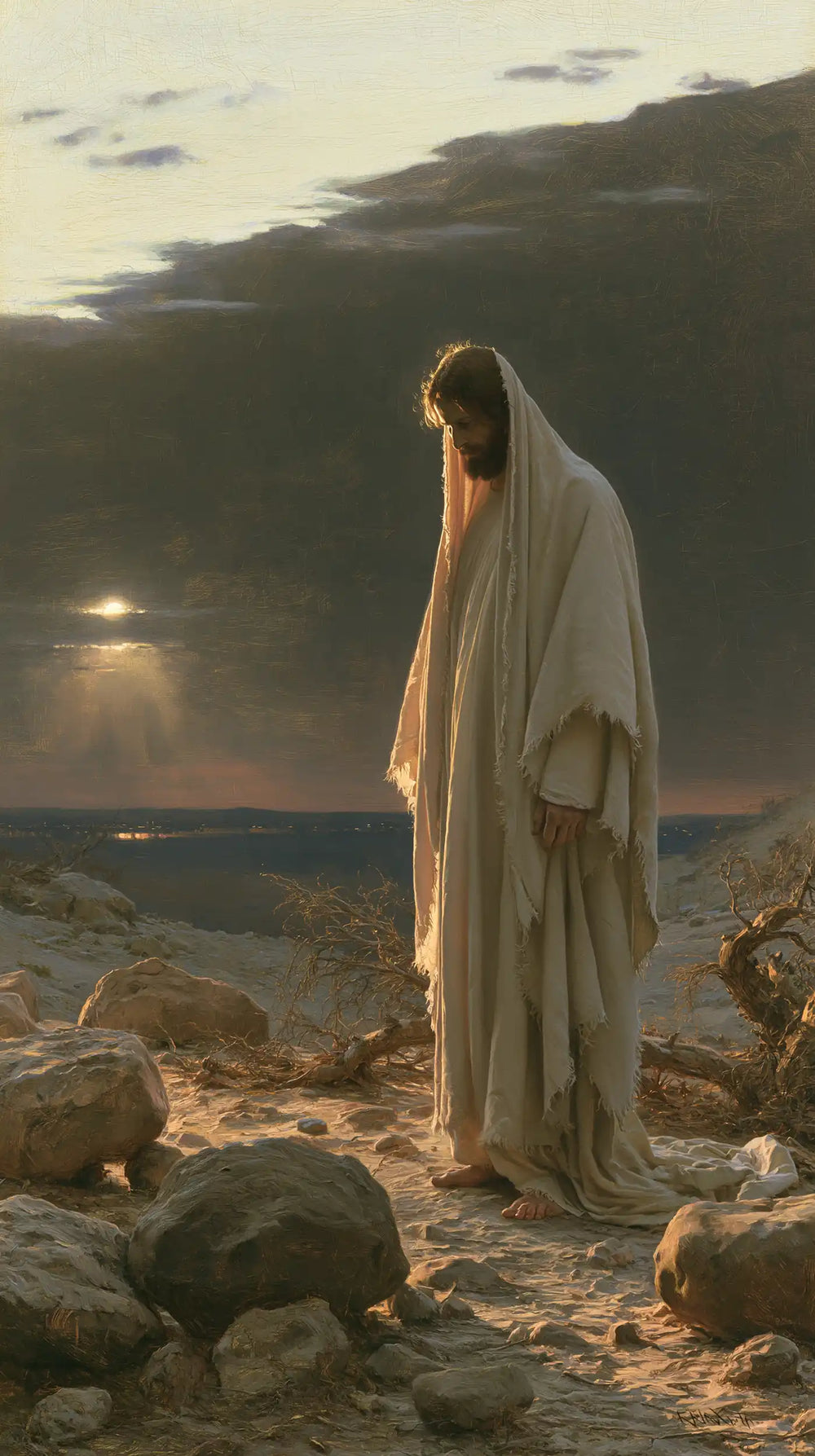 Jesus in the desert during the temptation in Symbolist style, portrait Christian artwork no. 21