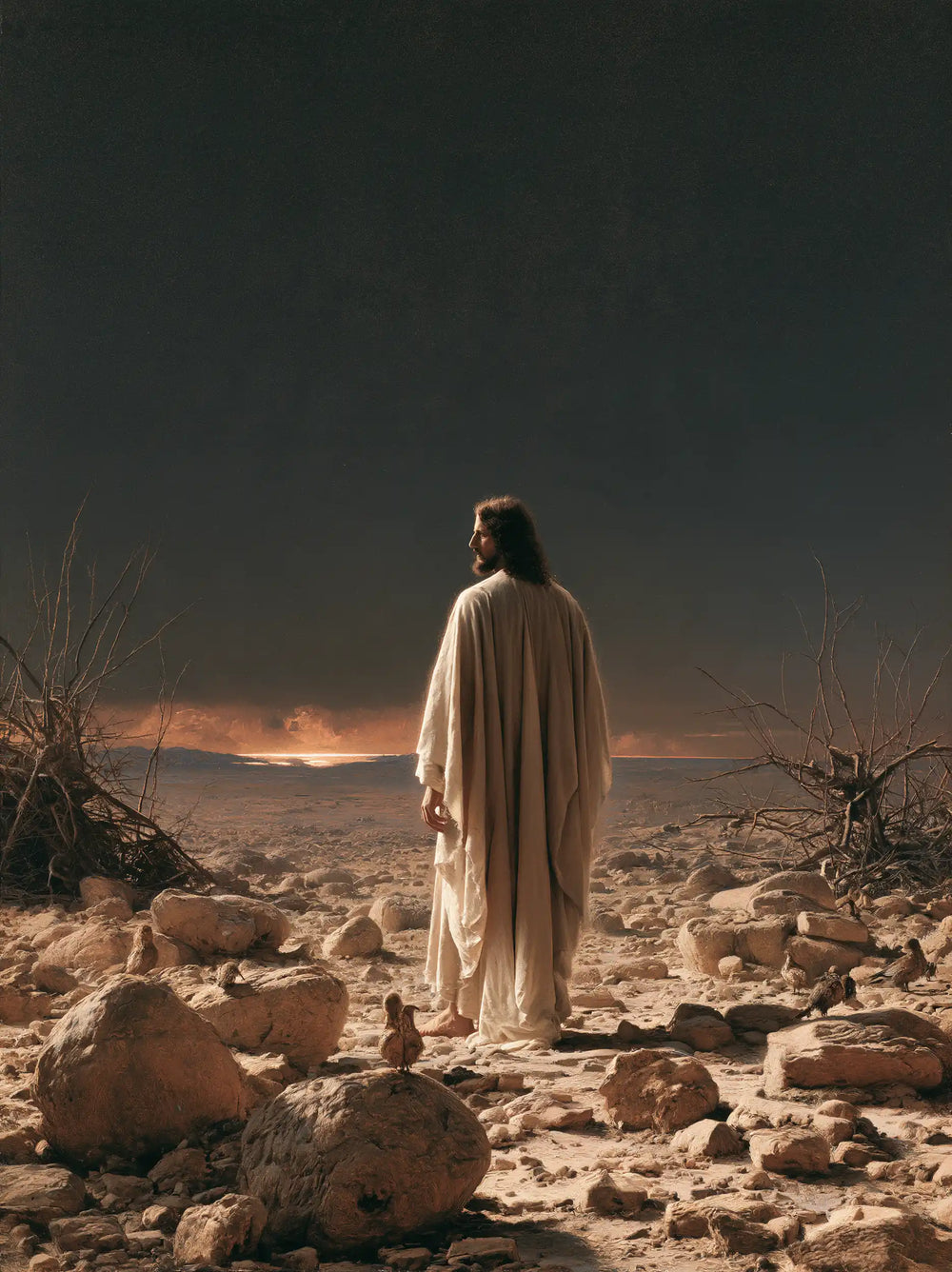 Jesus in the desert during the temptation in Symbolist style, portrait Christian artwork no. 27