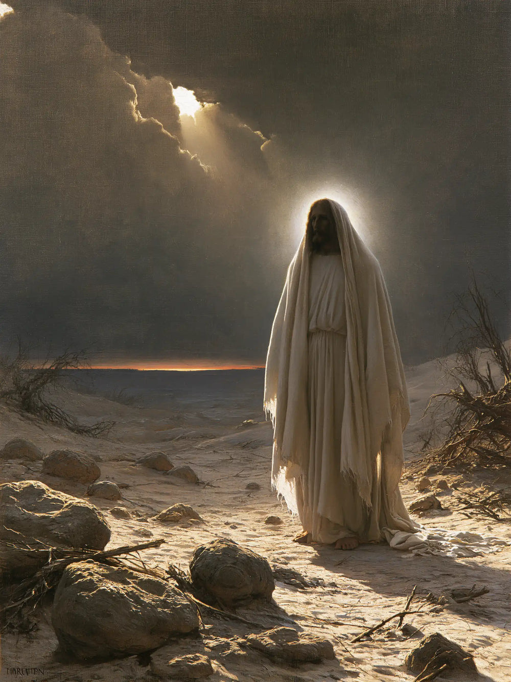 Jesus in the desert during the temptation in Symbolist style, portrait Christian artwork no. 29
