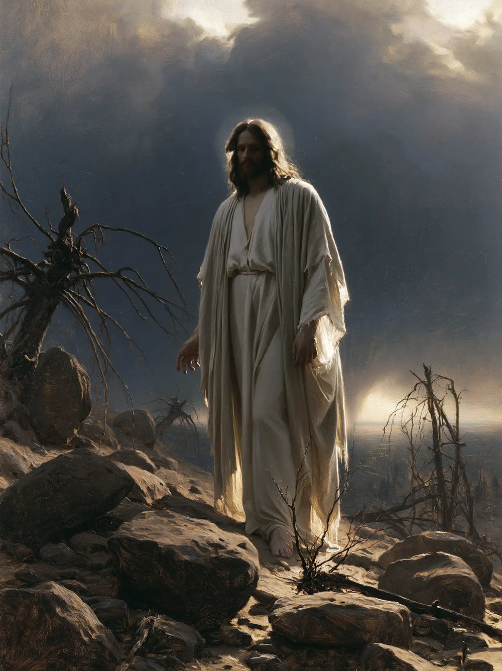 Jesus in the desert during the temptation in Symbolist style, portrait Christian artwork no. 31