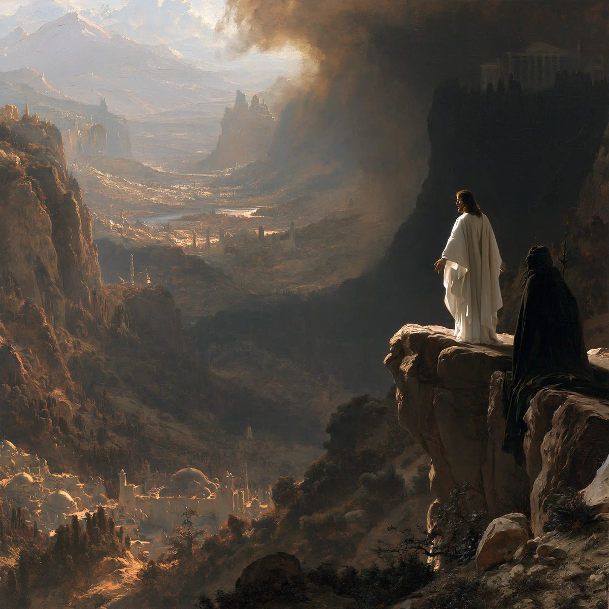 Jesus resisting the temptation of the kingdoms of the world in The Temptation of the Kingdoms style, square Christian artwork no. 2