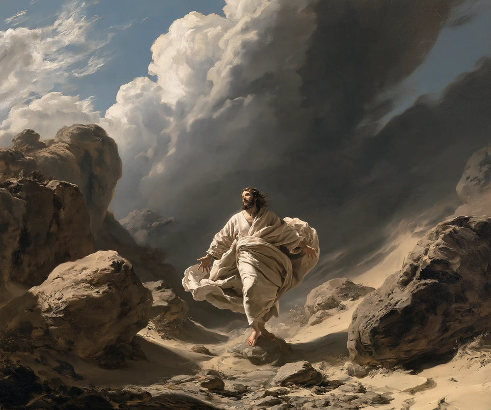 Jesus in the desert during the temptation in Theatrical Baroque style, landscape Christian artwork no. 4