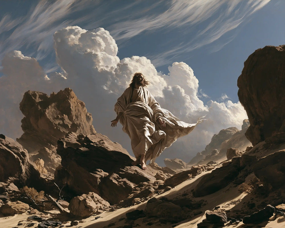 Jesus in the desert during the temptation in Theatrical Baroque style, landscape Christian artwork no. 7