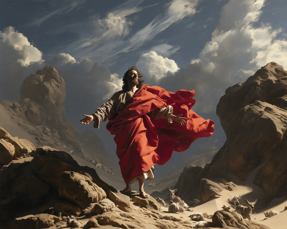 Jesus in the desert during the temptation in Theatrical Baroque style, landscape Christian artwork no. 8
