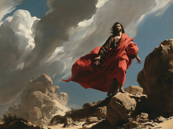 Jesus in the Desert — Crimson Unfurled beneath the Swirling Sky