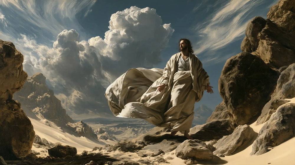 Jesus in the desert during the temptation in Theatrical Baroque style, landscape Christian artwork no. 18