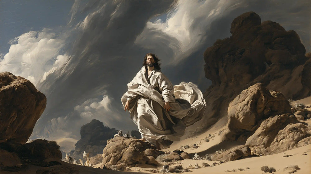 Jesus in the desert during the temptation in Theatrical Baroque style, landscape Christian artwork no. 20