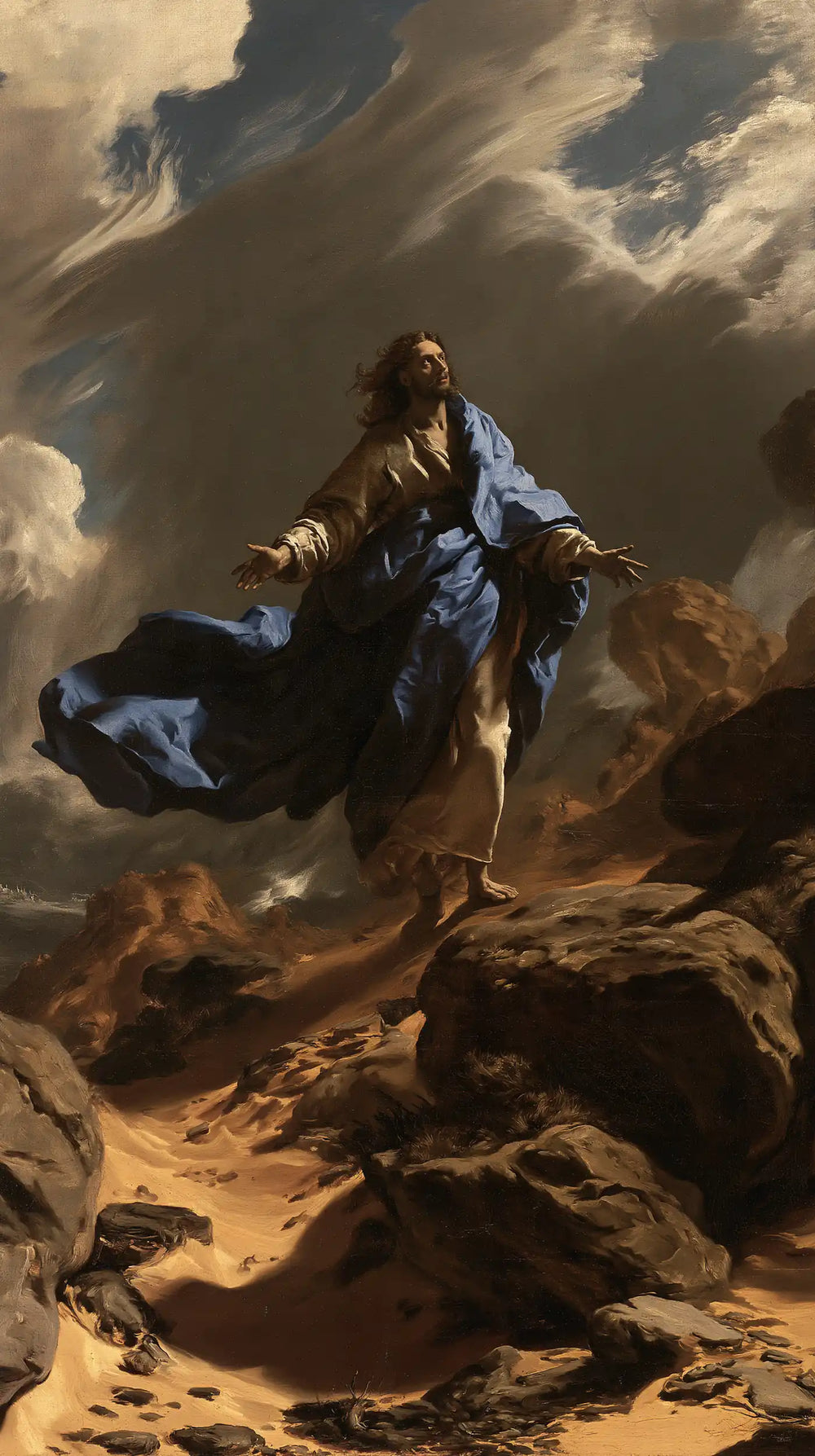Jesus in the desert during the temptation in Theatrical Baroque style, portrait Christian artwork no. 7