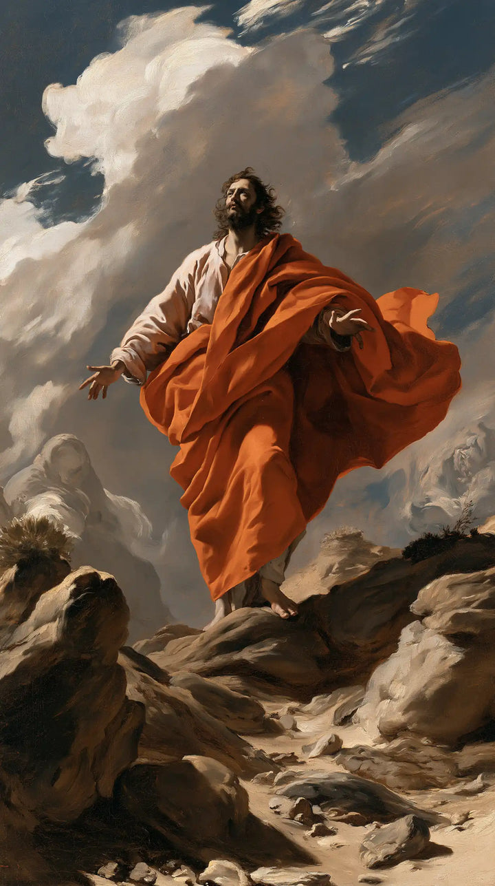 Jesus in the Desert — Orange Drapery beneath the Pearly Sky
