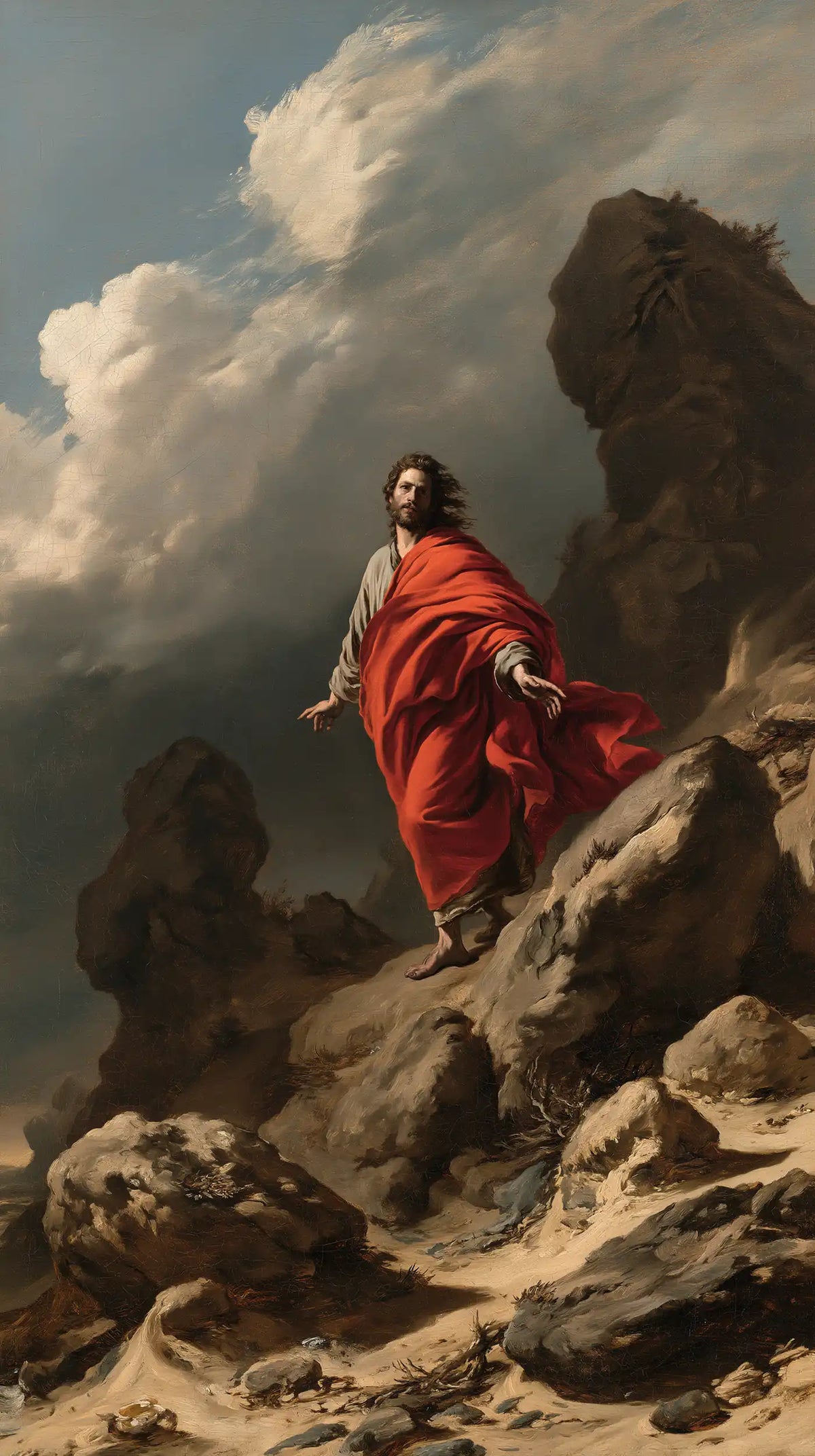 Jesus in the desert during the temptation in Theatrical Baroque style, portrait Christian artwork no. 12