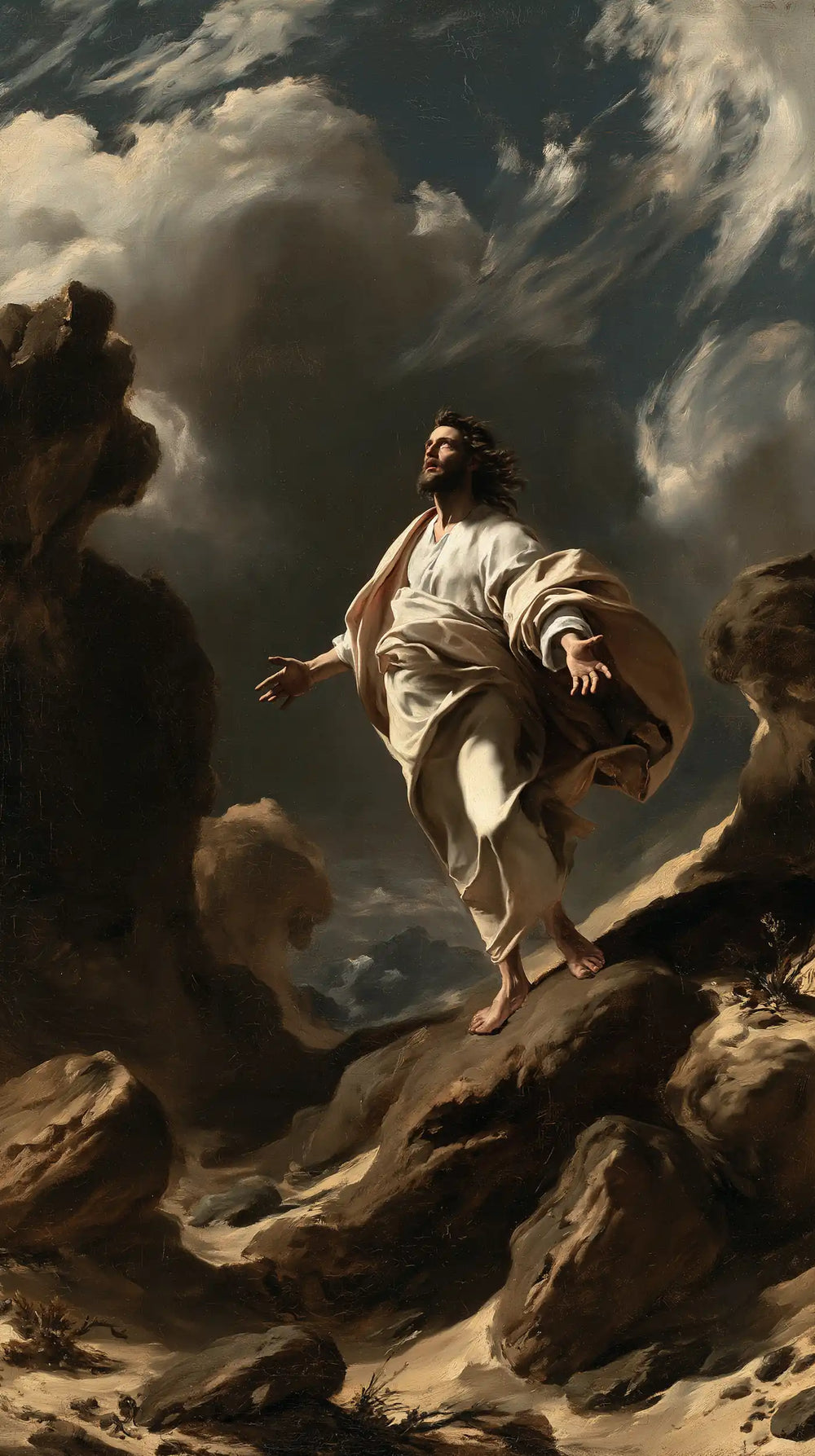 Jesus in the desert during the temptation in Theatrical Baroque style, portrait Christian artwork no. 13