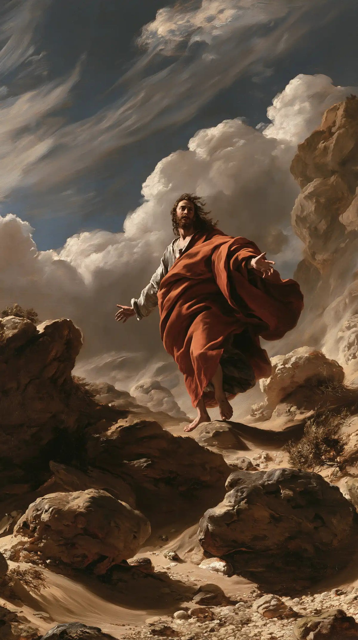 Jesus in the desert during the temptation in Theatrical Baroque style, portrait Christian artwork no. 15