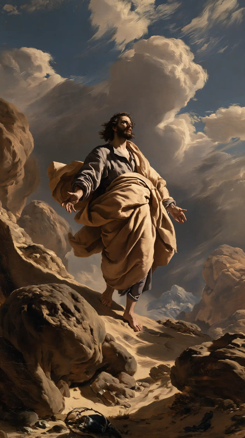 Jesus in the desert during the temptation in Theatrical Baroque style, portrait Christian artwork no. 19