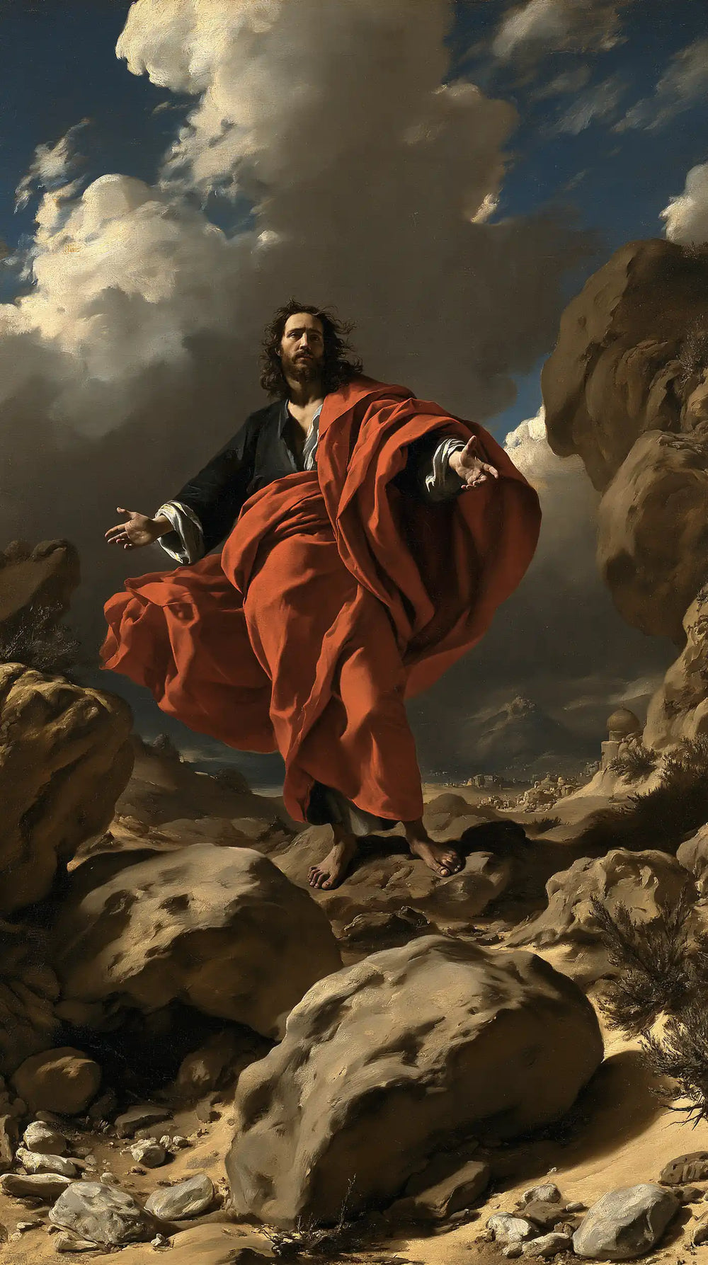 Jesus in the desert during the temptation in Theatrical Baroque style, portrait Christian artwork no. 21