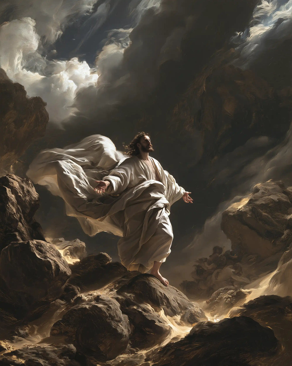 Jesus in the Desert — The White Mantle within the Shadowed Gorge
