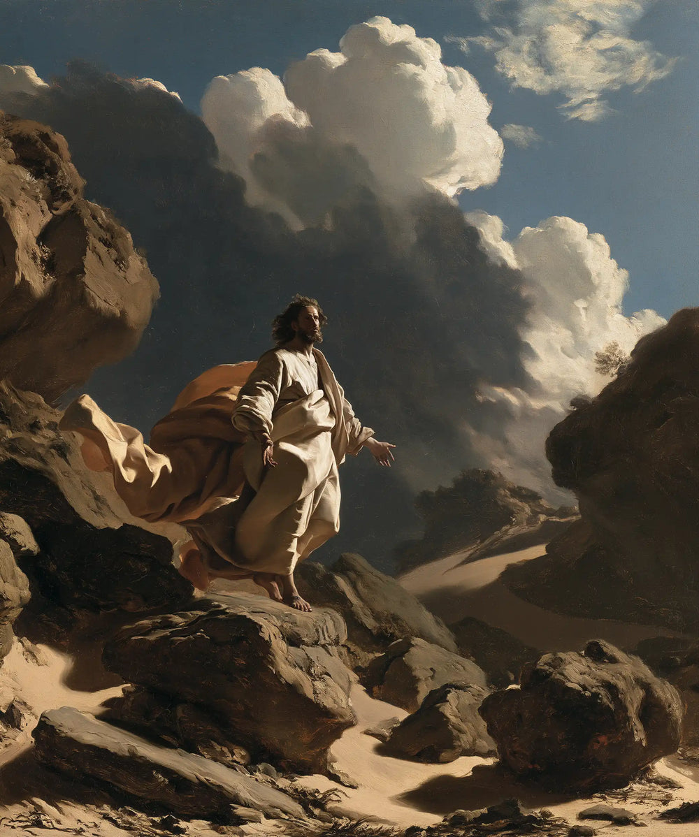 Jesus in the desert during the temptation in Theatrical Baroque style, portrait Christian artwork no. 43