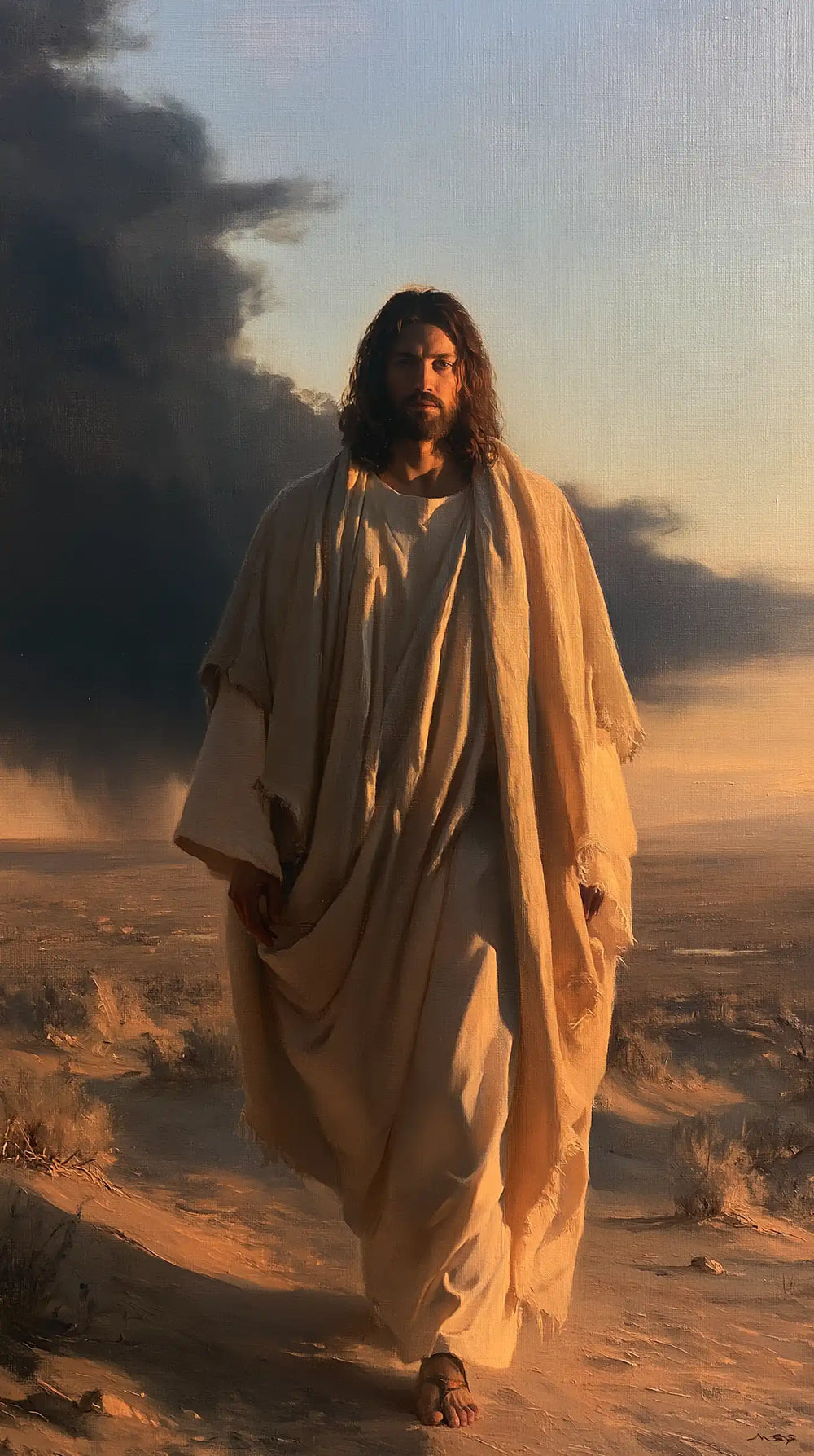 Jesus after his victory over temptation in the desert in Victory Over Temptation style, portrait Christian artwork no. 9